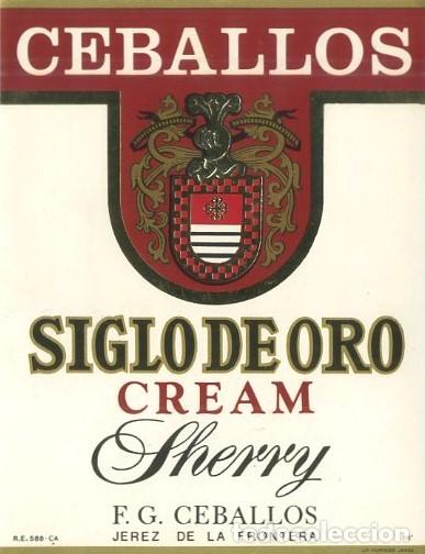 Etiquetas antiguas: ETIQUETA VINO CREAM SHERRY SIGLO DE ORO. F.G. CEBALLOS JEREZ FRA. ET-438 ,2