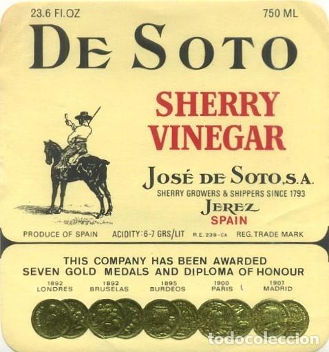 Etiquetas antiguas: ETIQUETA VINO SHERRY VINEGAR DE SOTO. JOSE DE SOTO S.A. JEREZ. ET-451