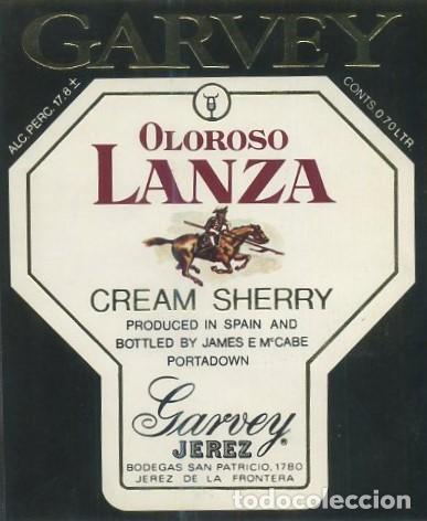 Etiquetas antiguas: ETIQUETA VINO OLOROSO LANZA CREAM SHERRY. GARVEY-JEREZ. BODEGAS SAN PATRICIO 1780. JEREZ FRA. ET-490