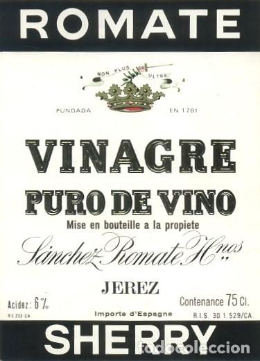 Etiquetas antiguas: ETIQUETA ROMATE VINAGRE PURO DE VINO SANCHEZ ROMATE HNOS, JEREZ. ET-1874
