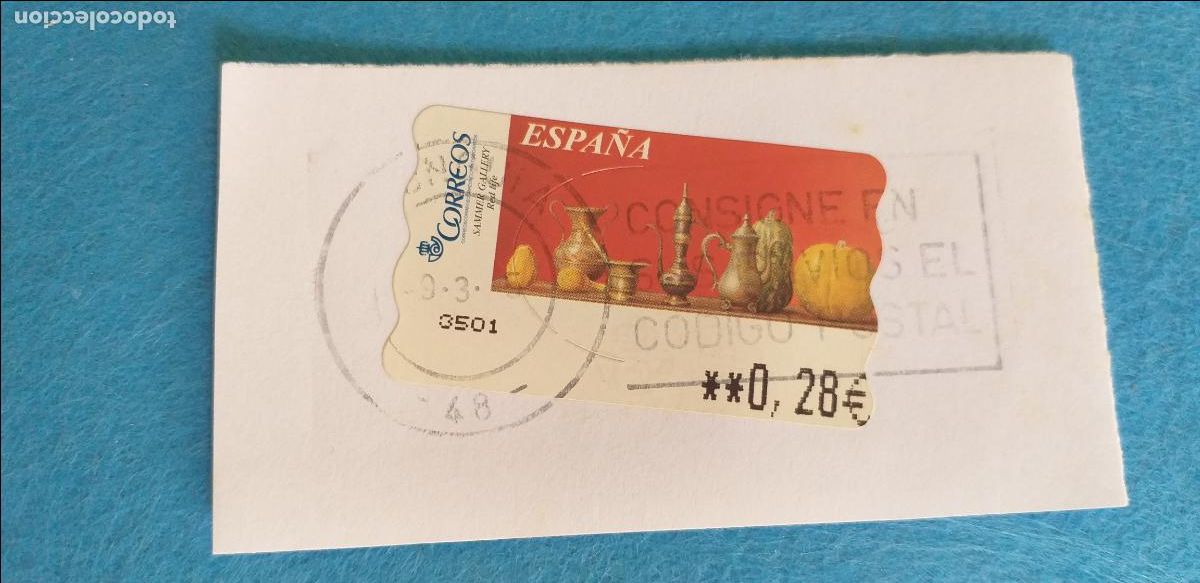 Etiquetas antiguas: Sello. Etiqueta de Espa&ntilde;a ATM. Sammer Gallery, bodeg&oacute;n. Red life