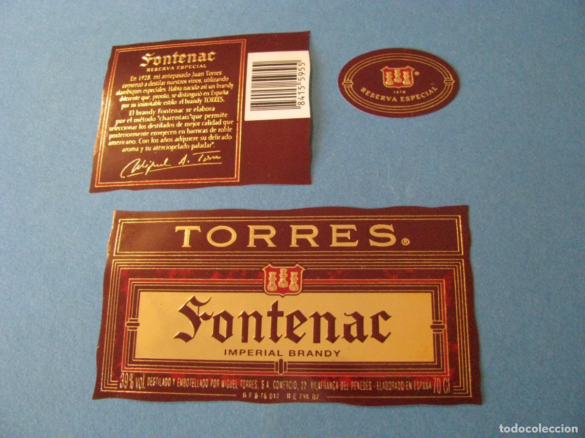Etiquetas antiguas: MIGUEL TORRES S. A. ETIQUETA Y CONTRAETIQUETA Y COLLAR&Iacute;N FONTENAC, IMPERIAL BRANDY