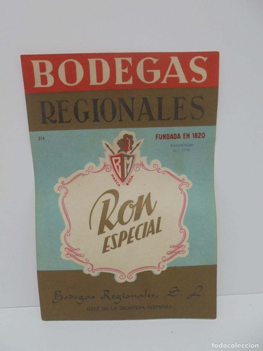 Etichette antiche: ETIQUETA. RON ESPECIAL. BODEGAS REGIONALES. JEREZ DE LA FRONTERA. MED: 15.5 X 11 CM APROX.
