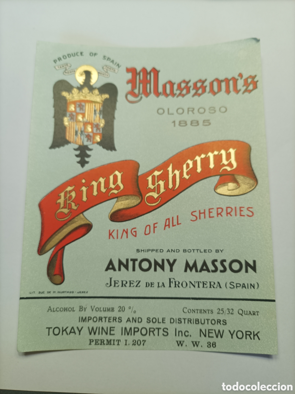 Old Labels: MASSON'S KING SHERRY. PARA EXPORTACI&Oacute;N NUEVA YORK. RARA ETIQUETA ANTIGUA. SIN PEGAR. PERFECTO ESTAD
