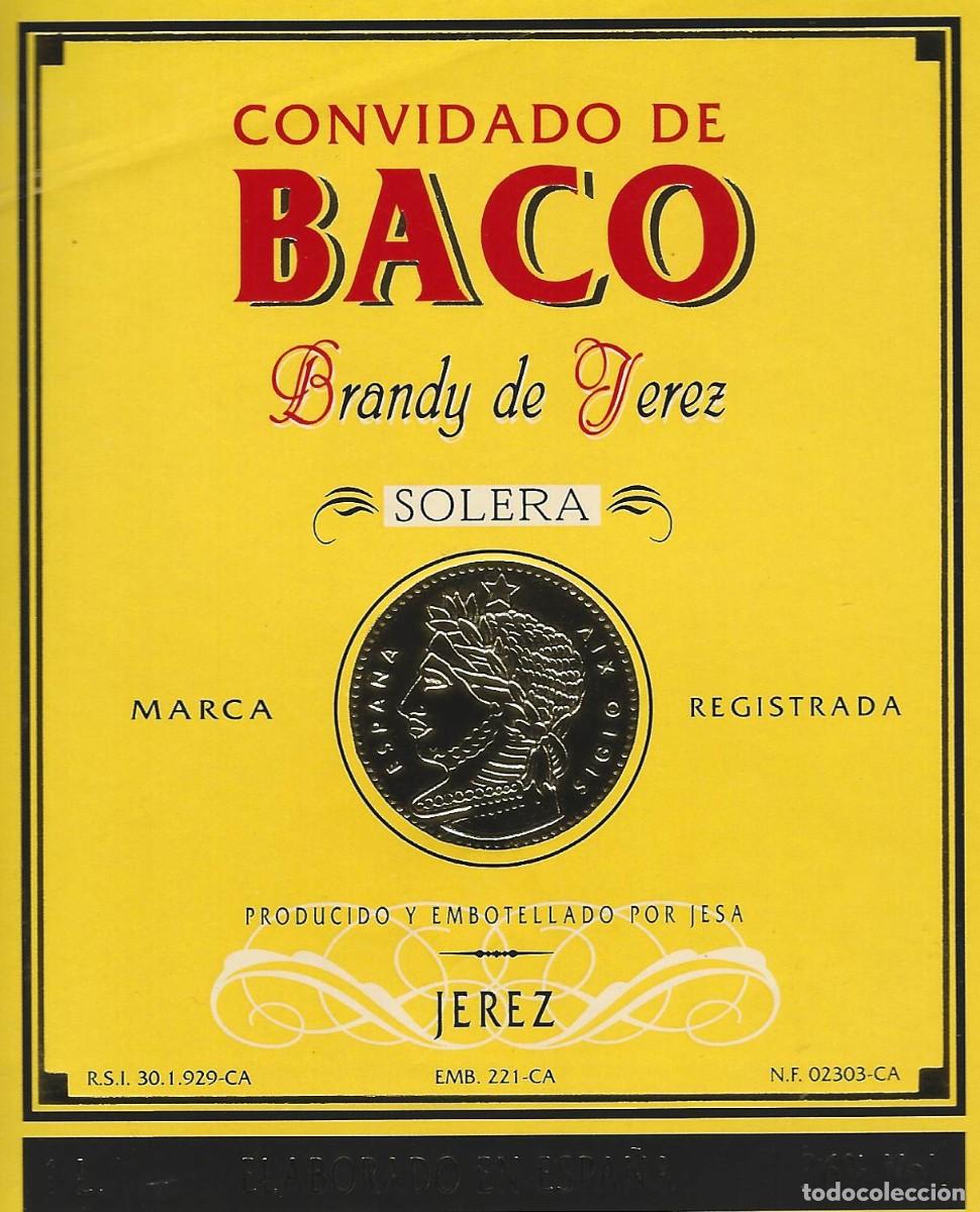 Etiquetas antiguas: E 22BODEGAS DE BACO-BRANDY CONVIDADO DE BACO-1 L-36% - Foto 1