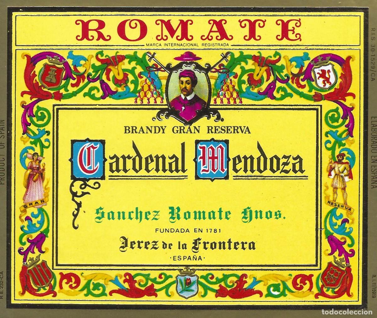 Etiquetas antiguas: E88 BODEGAS SANCHEZ ROMATE HNOS.-BRANDY CARDENAL MENDOZA - Foto 1