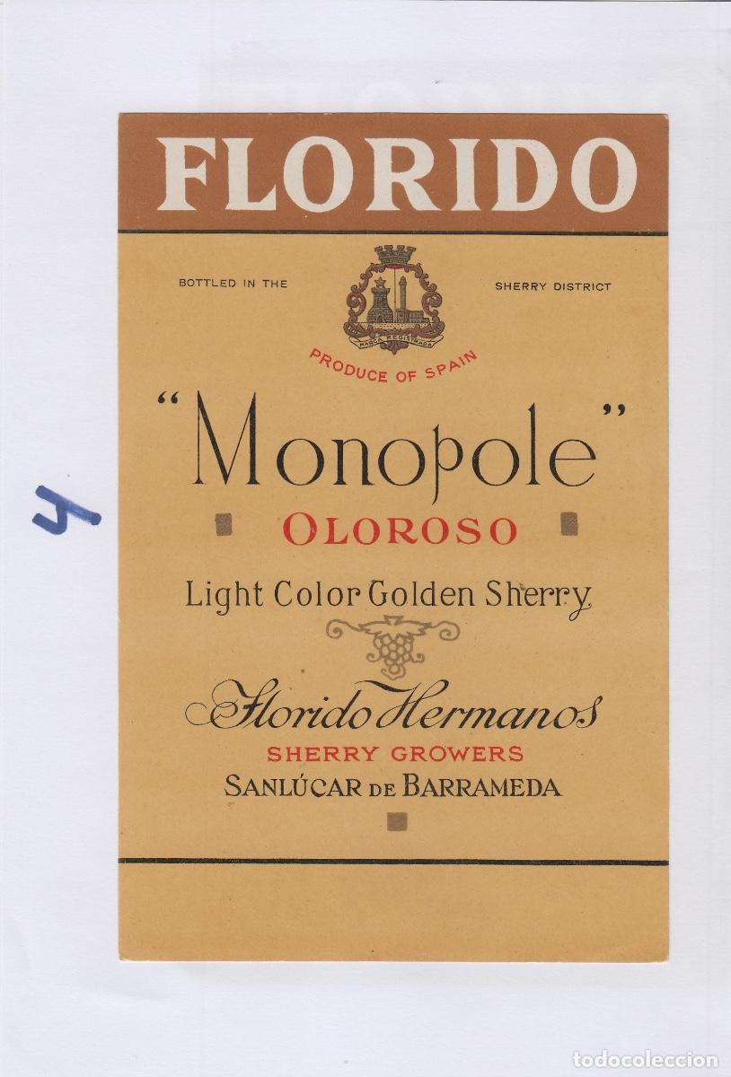 Alte Etiketten: FLORIDO HERMANOS . SANLUCAR SHERRY MONOPOLE . ETIQUETA DE VINO ref 4
