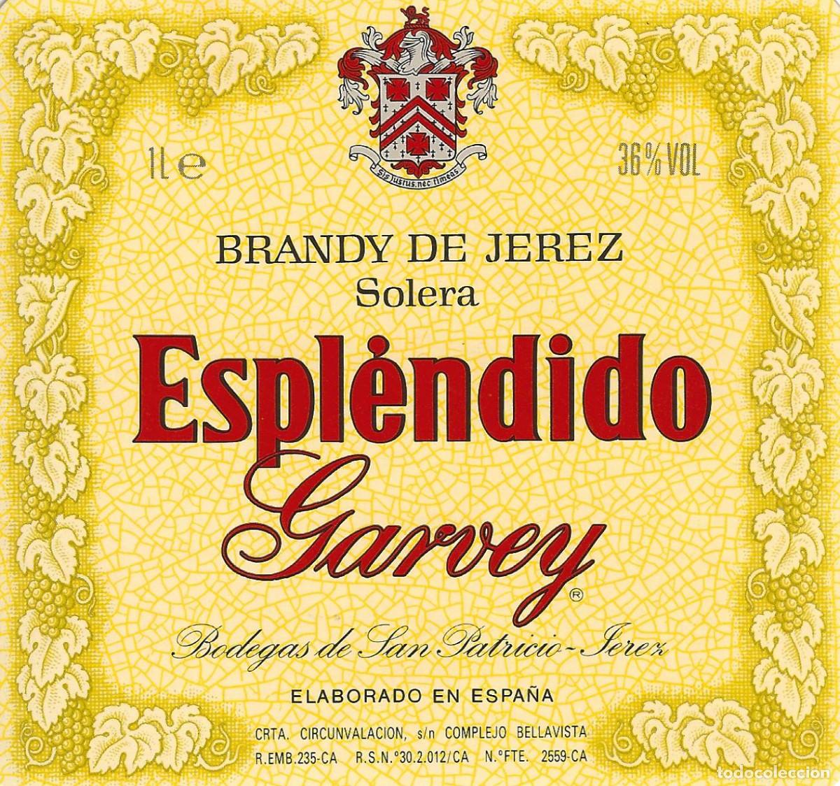 Etiquetas antiguas: E263 BODEGAS GARVEY-BRANDY ESPLENDIDO-1L-36% - Foto 1