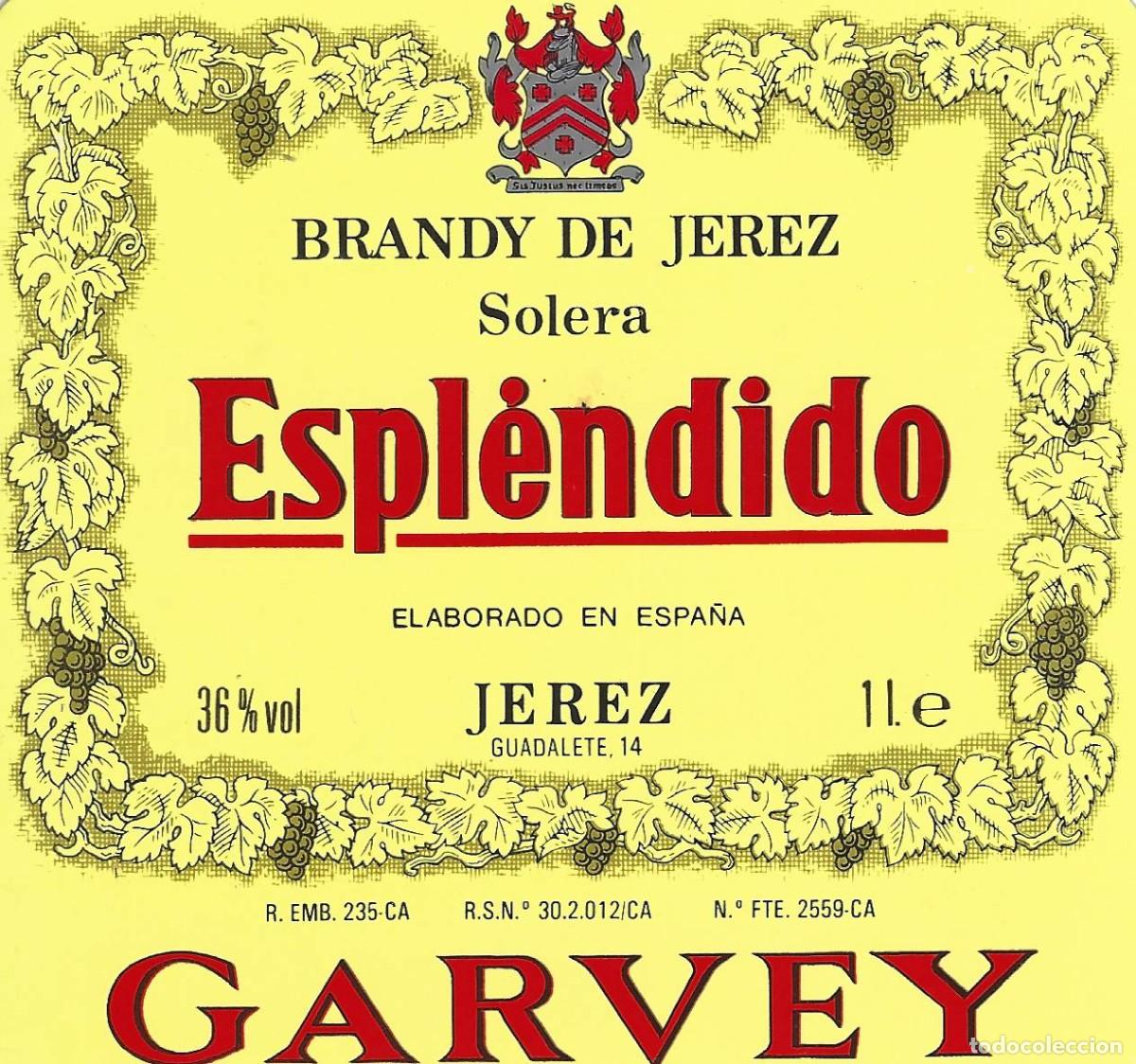 Etiquetas antiguas: E265 BODEGAS GARVEY-BRANDY ESPLENDIDO-1L-36% - Foto 1