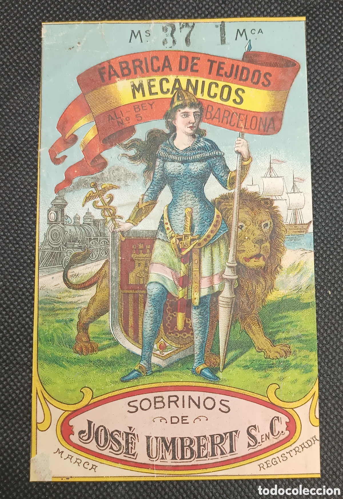 Etiquetas antiguas: Etiqueta publicidad. FABRICA DE TEJIDOS MECANICOS . Sobrinos Jos&eacute; UMBERT . S. XIX -XX. Rara.