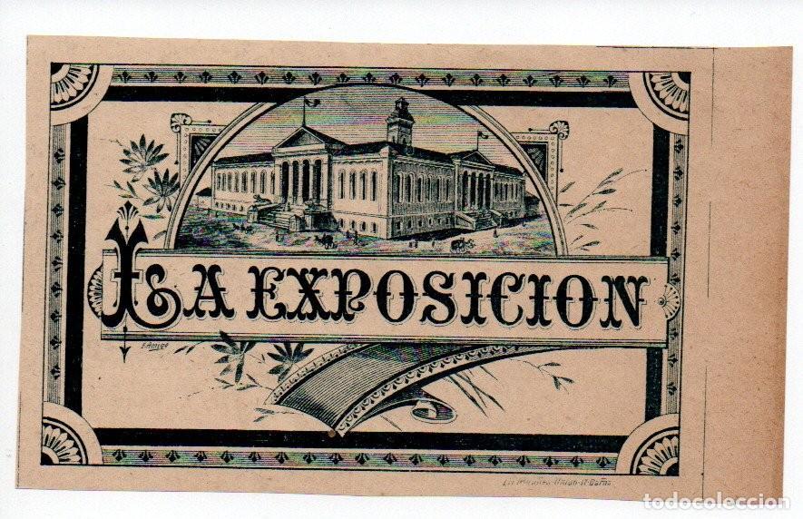 Alte Etiketten: ETIQUETA CON DIBUJO DE F. AMIGO. LA EXPOSICION. LITOGRAFIA MIRALLES - UNI&Oacute;N 17 BARNA. 14,3 X 8,5 CM.