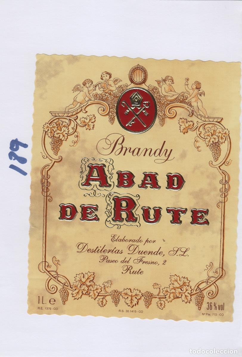 Etiquetas antiguas: DESTILERIAS DUENDE , RUTE ( C&Oacute;RDOBA ) BRANDY ABAD DE RUTE . ETIQUETA DE VINO ref 189