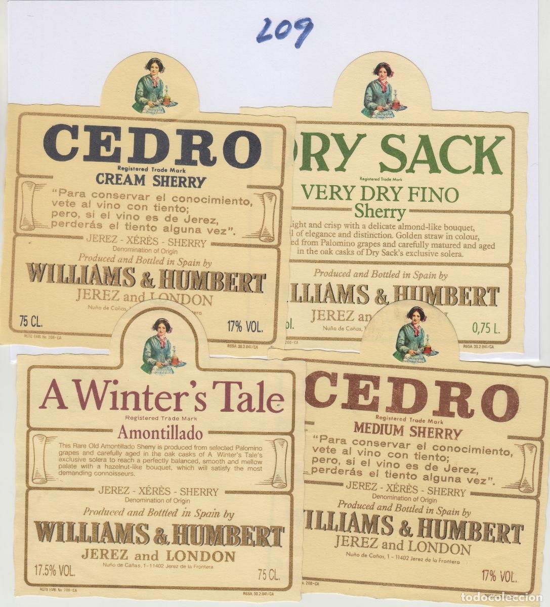 Alte Etiketten: WILLIAMS & HUMBERT . JEREZ , CEDRO DRI SACK . ETIQUETA DE VINO ref 209