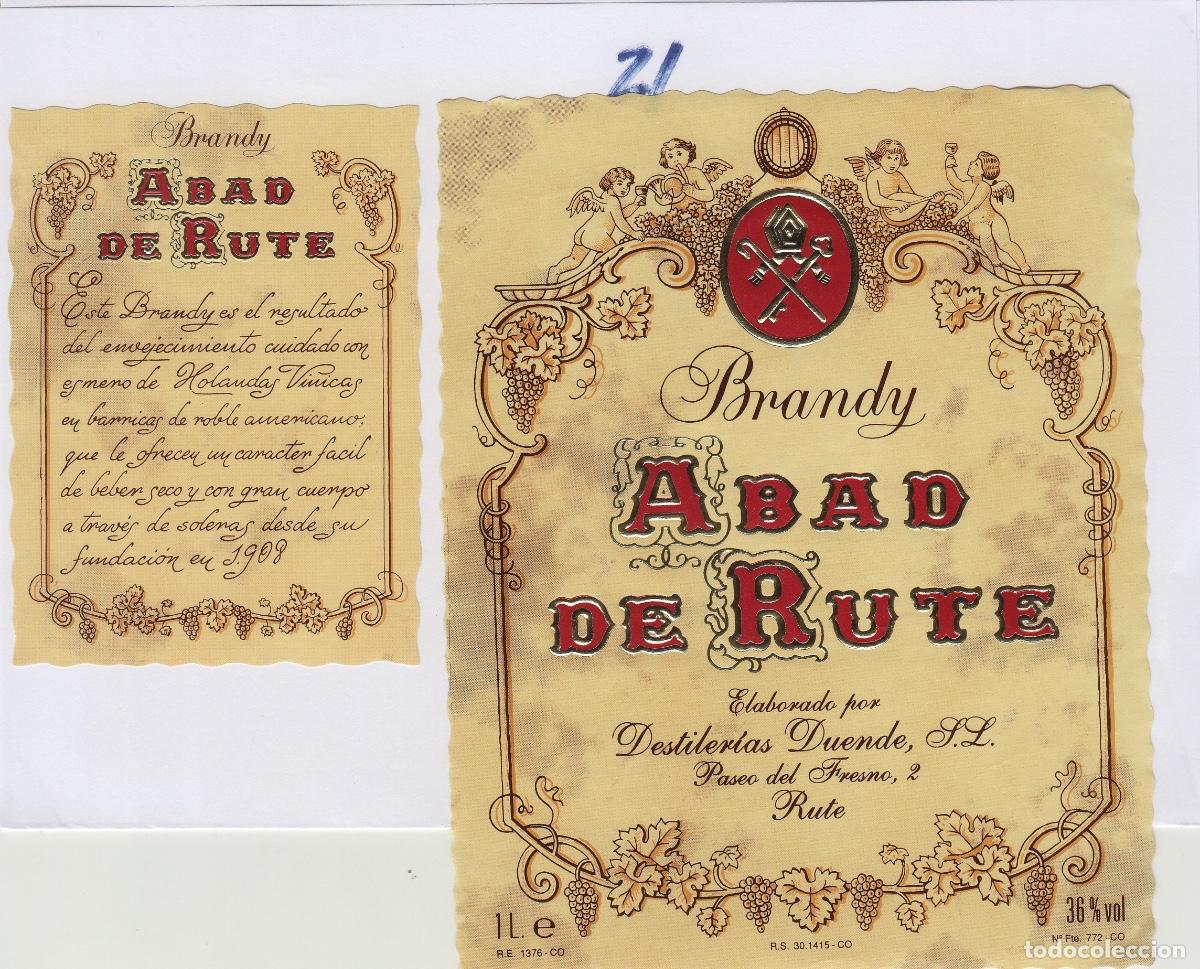 Etiquetas antiguas: DESTILERIAS DUENDE , RUTE ( C&Oacute;RDOBA ) BRANDY ABAD DE RUTE , - ETIQUETA DE VINO ref 21..