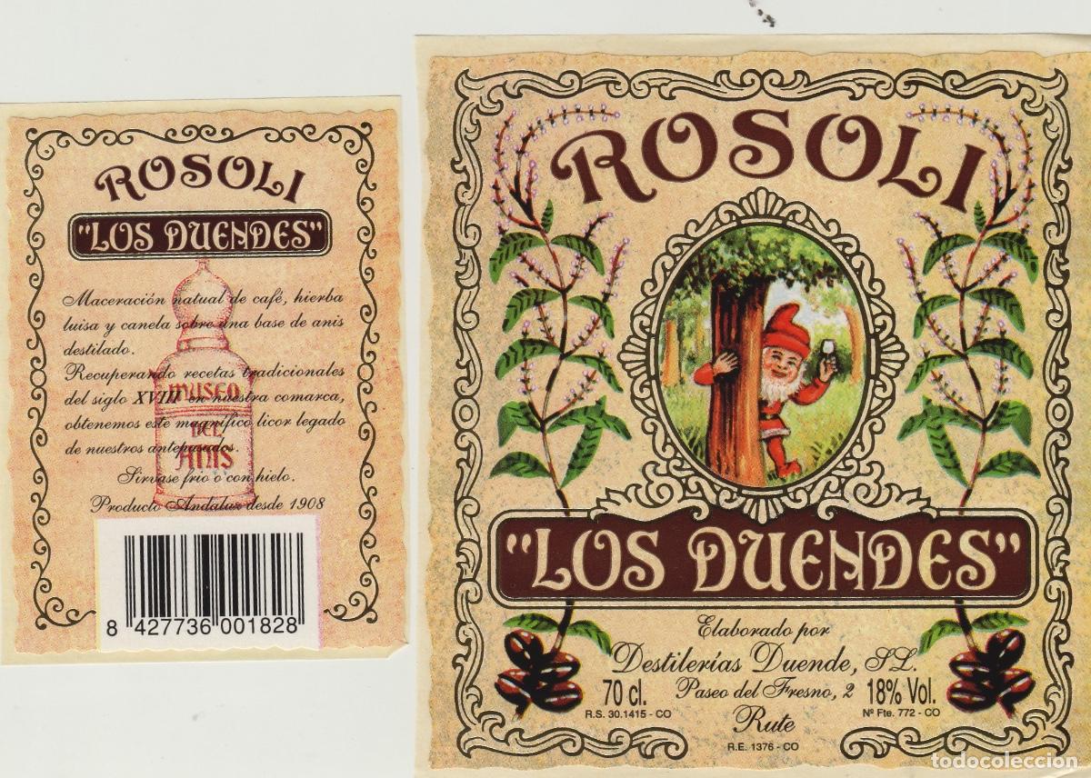 Alte Etiketten: DESTILERIAS DUENDE , RUTE ( C&Oacute;RDOBA ) -ROSOLI LOS DUENDES - ETIQUETA DE VINO ref 24..
