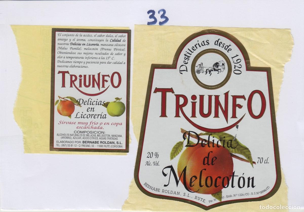 &Eacute;tiquettes anciennes: BERNABE ROLDAN , RUTE ( C&oacute;rdoba ) TRIUNFO , DELICIAS MELOCOTON LICOR . ETIQUETA VINO ref 33