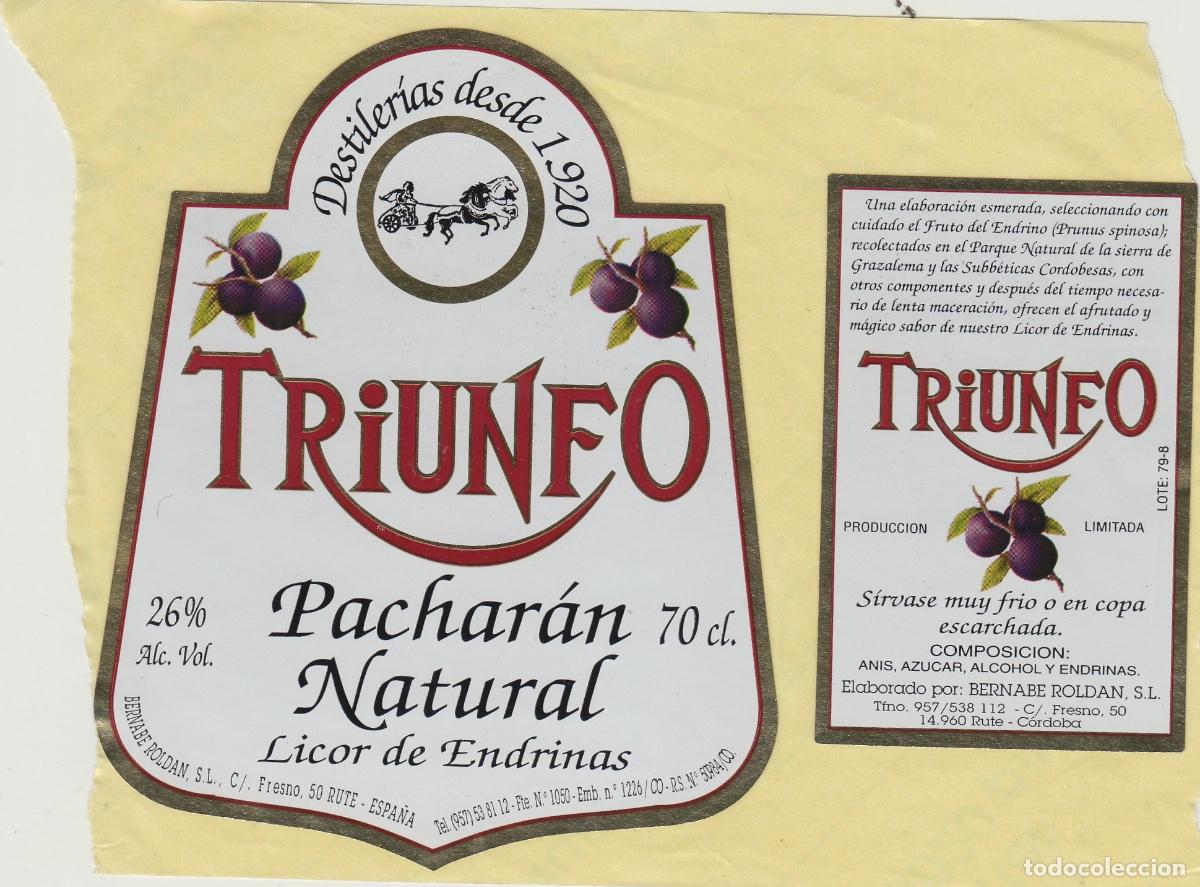 &Eacute;tiquettes anciennes: BERNABE ROLDAN , RUTE ( C&oacute;rdoba ) TRIUNFO , PACHARAN LICOR ENDRINAS . ETIQUETA VINO ref 33