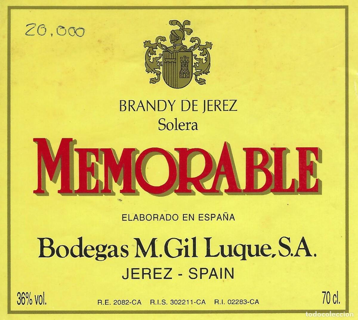 Etiquetas antiguas: E610 BODEGAS M. GIL LUQUE-BRANDY MEMORABLE-0.70L-36% - Foto 1