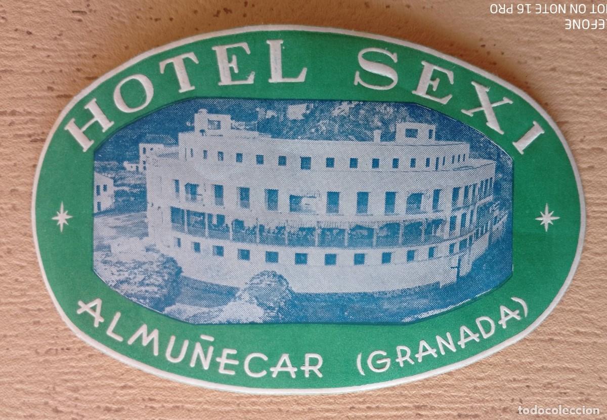 Etiquetas antiguas: Etiqueta Hotel Publicitaria Hotel Sexi Almu&ntilde;&eacute;car (Granada)