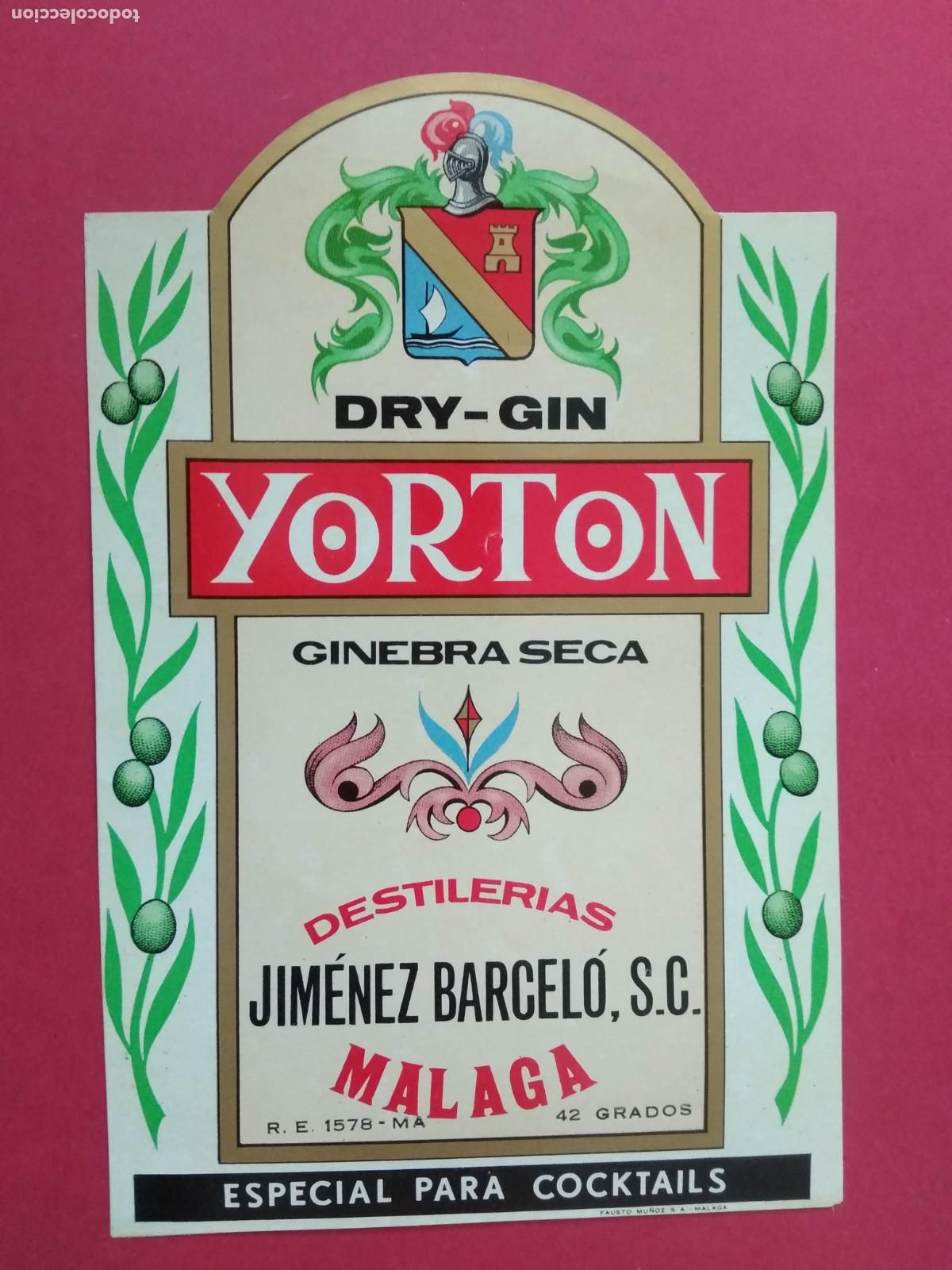 Etiquetas antiguas: ETIQUETA DE GINEBRA DRY GIN YORTON JIMENEZ BARCELO MALAGA
