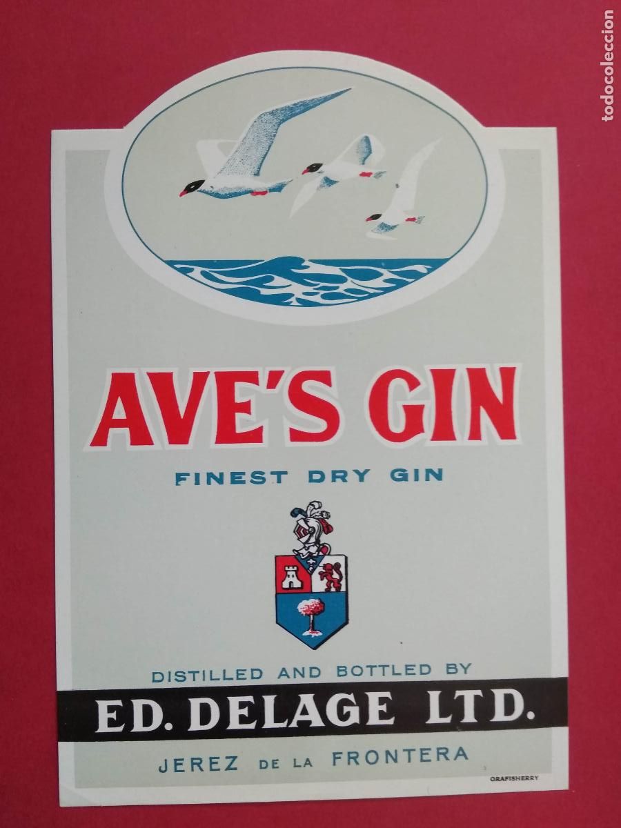 Etiquetas antiguas: ETIQUETA DE GINEBRA DRY GIN AVE'S DELAGE JEREZ DE LA FRONTERA
