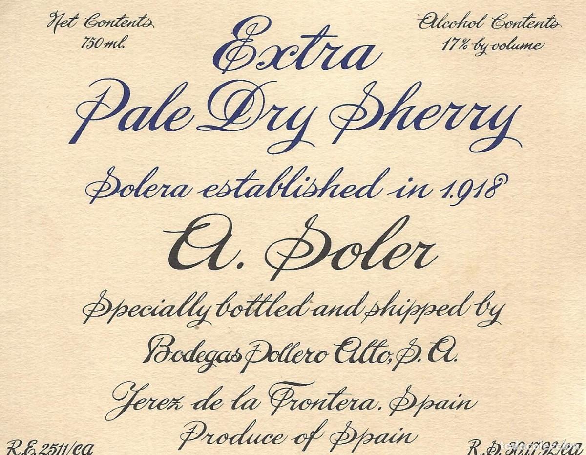 Alte Etiketten: E828 BODEGAS POLLERO ALTO-PALE DRY A. SOLER-0.75L-17%