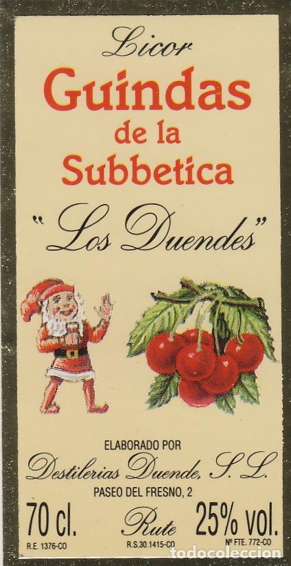 Etiquetas antigas: RUTE (C&oacute;rdoba) LOS DUENDES LICOR GUINDAS DE LA SUBBETICA medidas 7x3,5cm. ETIQUETA DE VINO ref ETQ 3