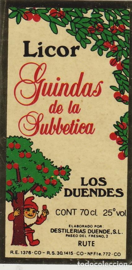 Alte Etiketten: RUTE (C&oacute;rdoba) LOS DUENDES LICOR GUINDAS DE LA SUBBETICA medidas 7x3,5cm. ETIQUETA DE VINO ref ETQ 3