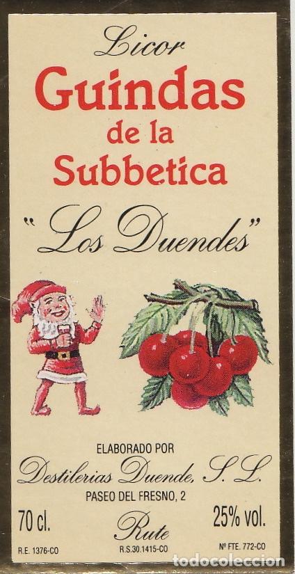 Etiquetas antigas: RUTE (C&oacute;rdoba) LOS DUENDES LICOR GUINDAS DE LA SUBBETICA medidas 7x3,5cm. ETIQUETA DE VINO ref ETQ 3