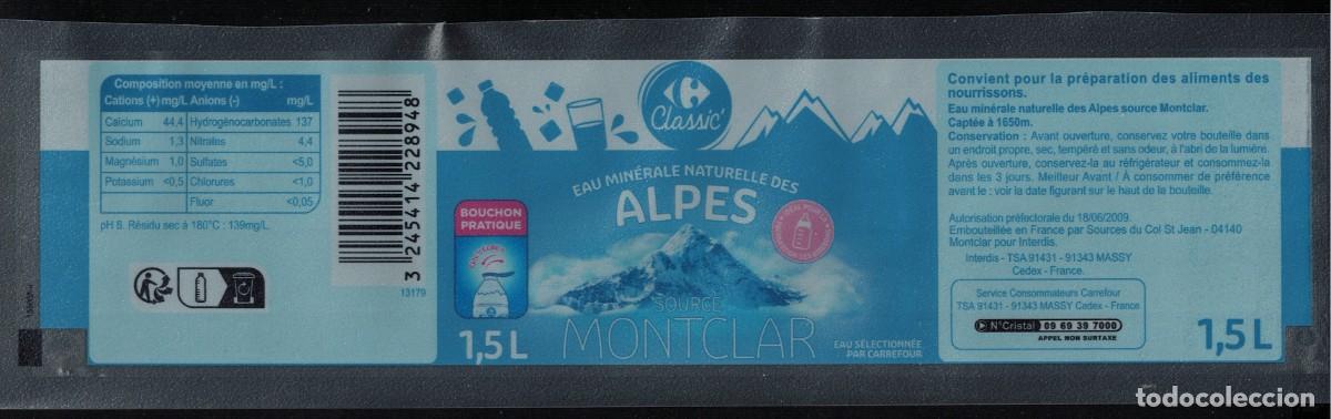 Etichette antiche: Francia Etiquette Eau Min&eacute;rale Naturelle Alpes Carrefour Source Montclar