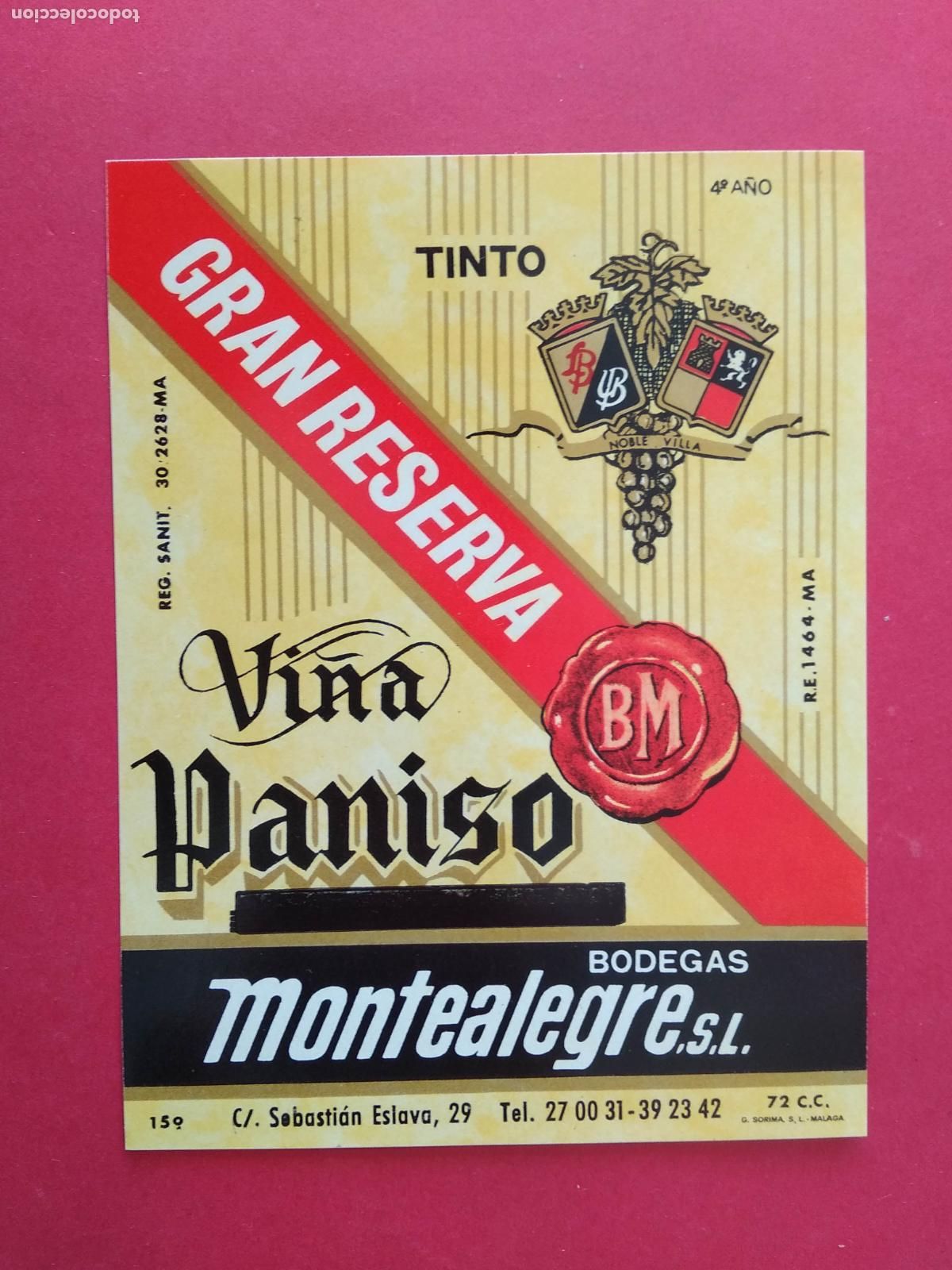 Etiquetas antiguas: ETIQUETA DE VINO MALAGA BODEGAS MONTEALEGRE TINTO VI&Ntilde;A PANISO