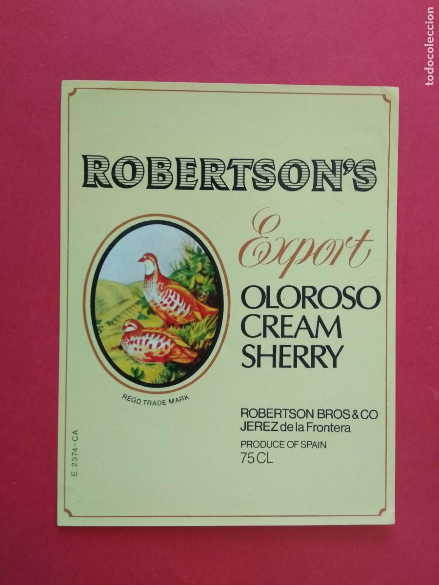 Etiquetas antiguas: ETIQUETA DE VINO JEREZ DE LA FRONTERA ROBERTSON'S OLOROSO CREAM SHERRY