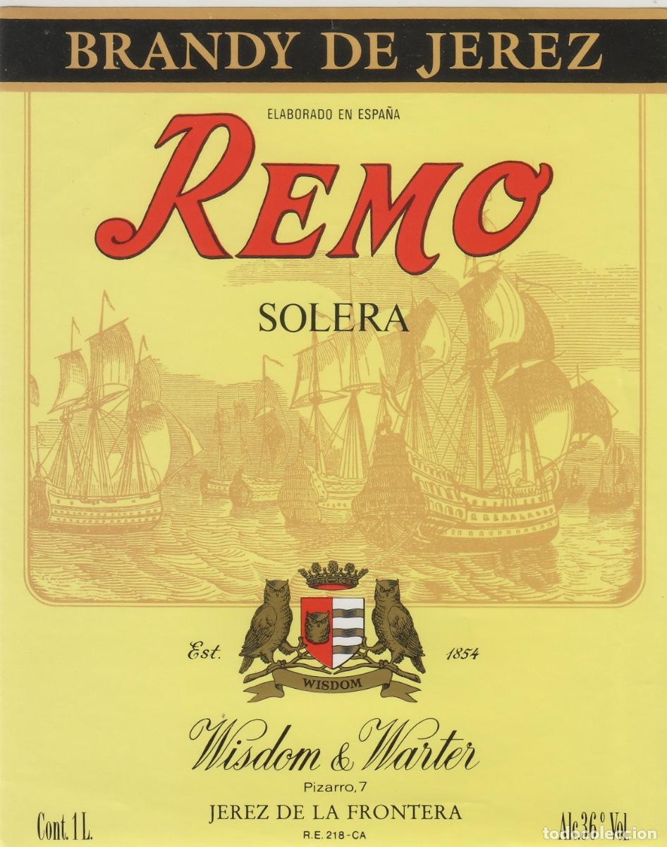 Etiquetas antiguas: WISDOM & WARTER , JEREZ - BRANDY REMO SOLERA . ETIQUETA DE VINO ref 504