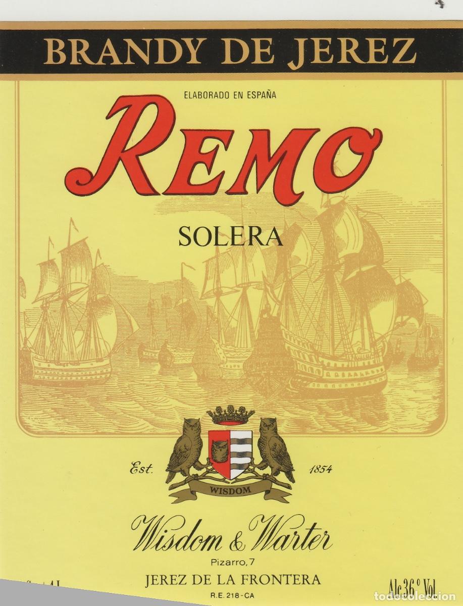 Etiquetas antiguas: WISDOM & WARTER , JEREZ - BRANDY REMO SOLERA . ETIQUETA DE VINO ref 504