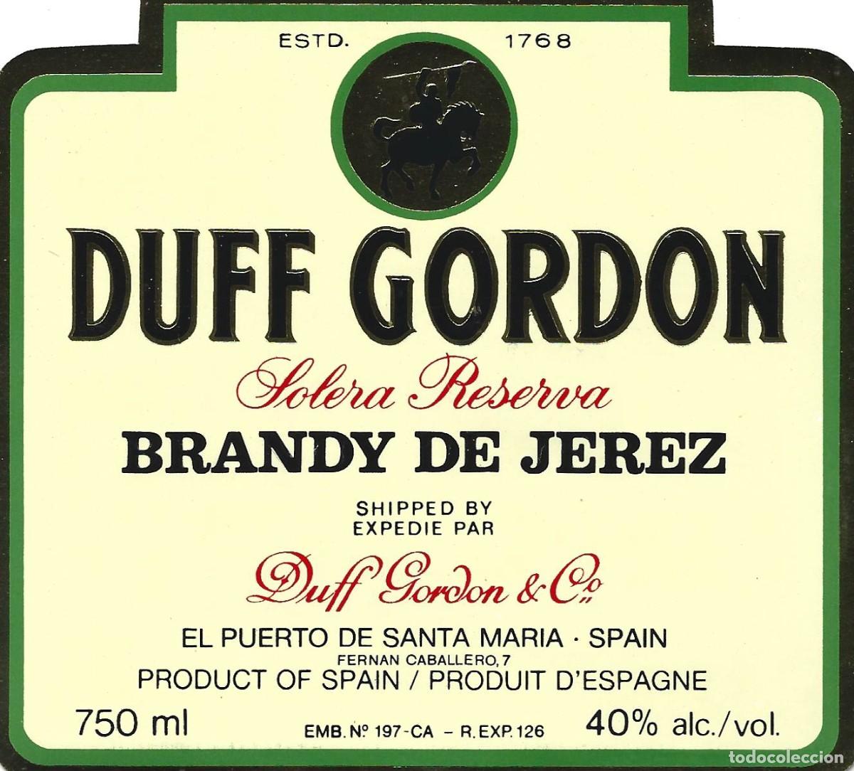 Etiquetas antiguas: E1096 BODEGAS DUFF GORDON-BRANDY DUFF GORDON-0.75L-40% - Foto 1