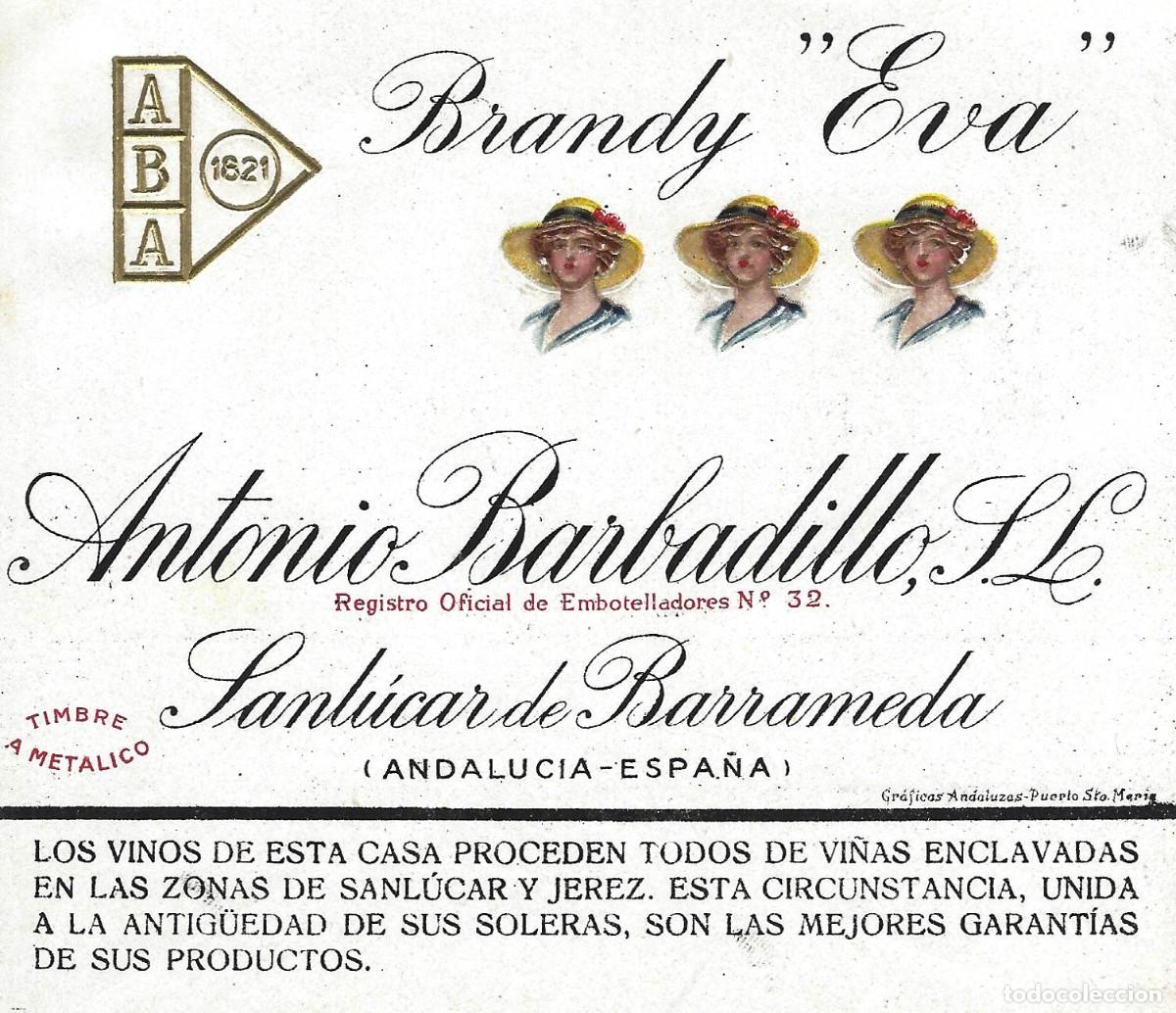 Etiquetas antiguas: E1200 BODEGAS ANTONIO BARBADILLO-BRANDY EVA - Foto 1