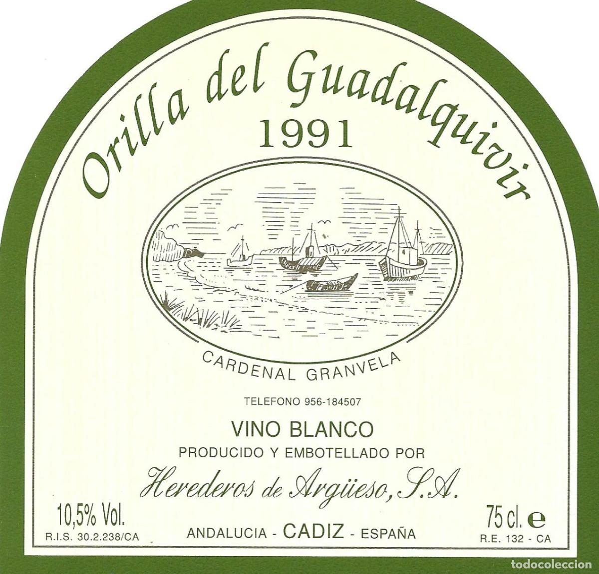Etiquetas antiguas: E1347 BODEGAS HEREDEROS DE ARGUESO-VINO BLANCO ORILLA DEL GUADALQUIVIR-0.75L-10,50 %