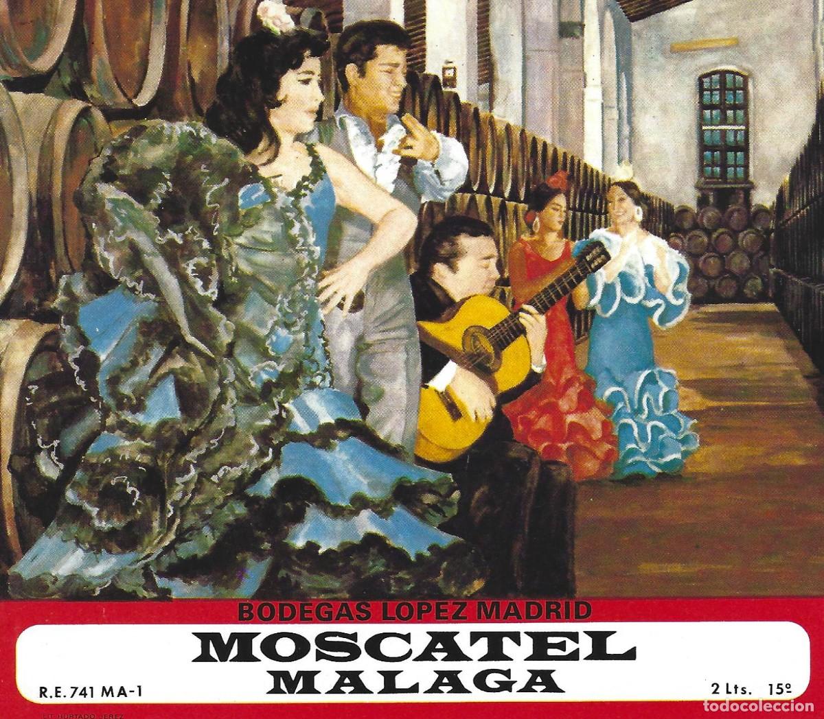 Etiquetas antiguas: E1636 BODEGAS LOPEZ MADRID-MOSCATEL MALAGA-2L-15% - Foto 1