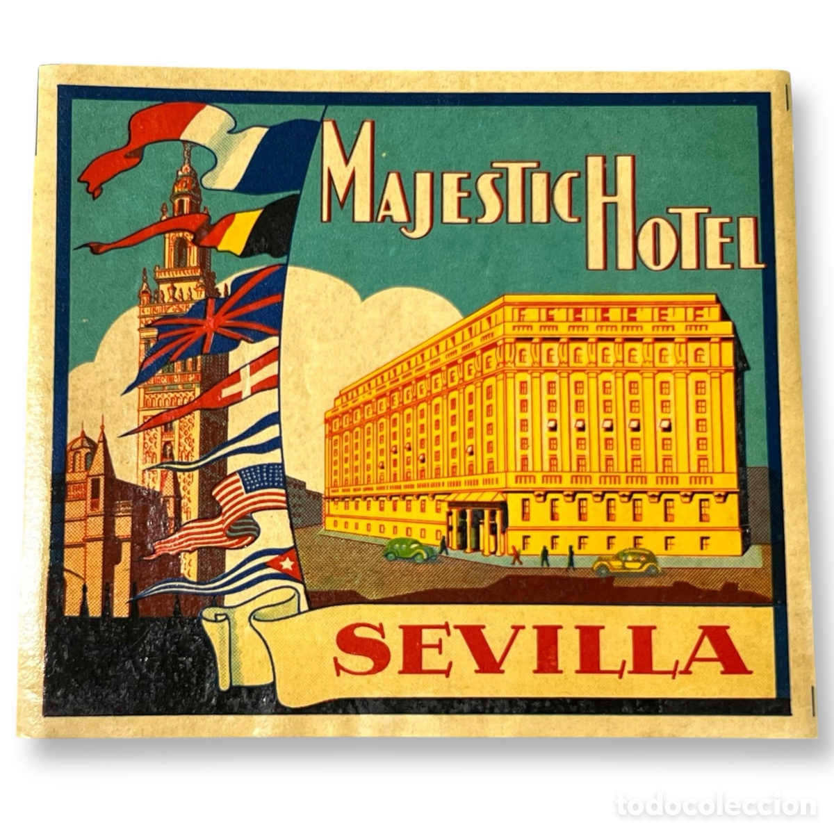 Etiquetas antiguas: ETIQUETA MAJESTIC HOTEL SEVILLA ANDALUC&Iacute;A LUGGAGE LABEL TAMA&Ntilde;O GRANDE.