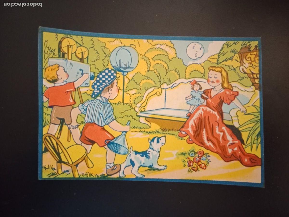 Alte Etiketten: CURIOSA ANTIGUA VI&Ntilde;ETA INFANTIL - ENCUENTRO DE NI&Ntilde;OS EN EL PARQUE - 8 x 12 CM