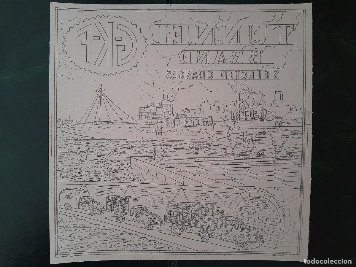 Old Labels: ANTIGUA PRUEBA DE IMPRENTA ETIQUETA NARANJAS TUNNEL BRAND GKF GANDIA VALENCIA RV