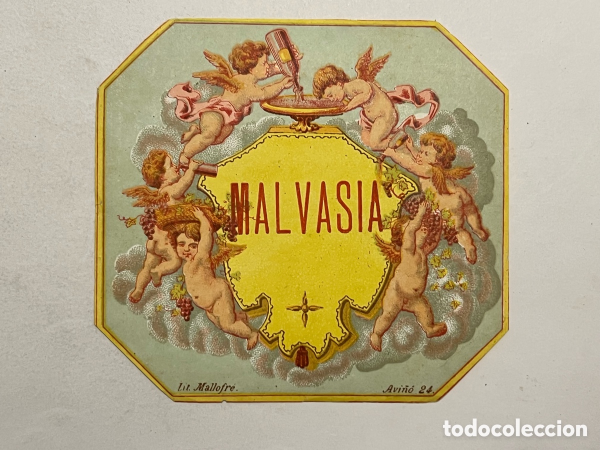 Etichette antiche: MALVASIA. ETIQUETA LICOR.. Lit., Mallofre (h.1920?) Med&iacute;das: 9,5 x 10,5 cm.,