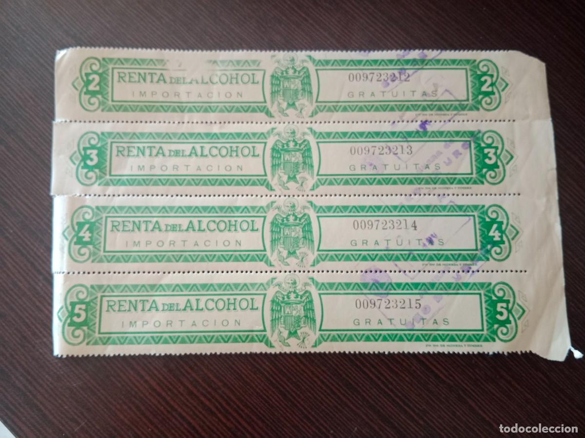Etichette antiche: 4 PRECINTOS TIMBRE DEL ESTADO - RENTA DEL ALCOHOL - IMPORTACION GRATUITAS SELLO ADUANA SEO DE URGEL