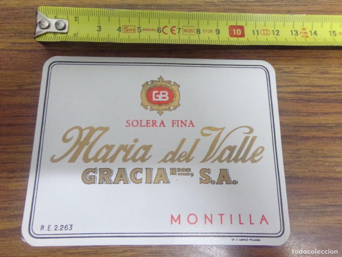 Etiquetas antiguas: etiqueta de vino Solera fina Maria del Valle. Gracia Hnos. S.A. Montilla