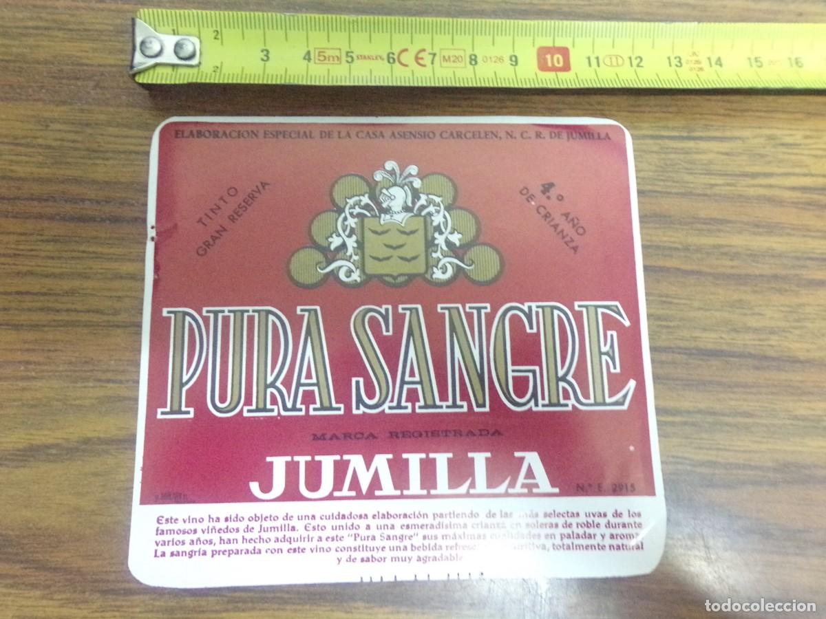 Etiquetas antiguas: etiqueta de vino Tinto gran reserva. Pura Sangre. Jumilla. Vi&ntilde;edos y bodegas Asencio Carcel&egrave;n, N.C.R