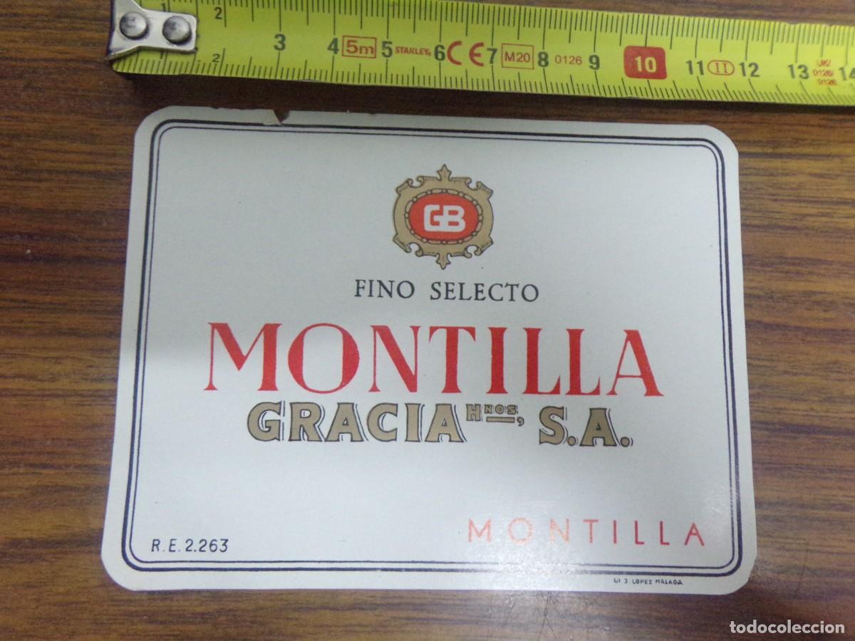 Etiquetas antiguas: etiqueta de vino. Fino selecto Montilla. Gracia Hnos. S.A