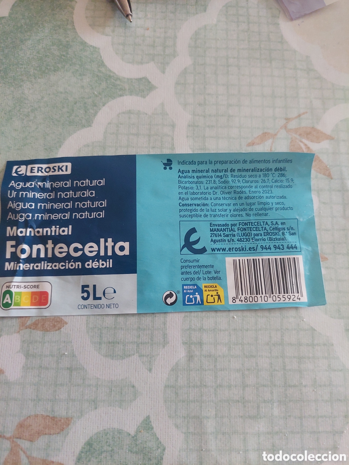 Etiquetas antigas: ETIQUETA FONTECELTA 5 L EROSKI GALICIA