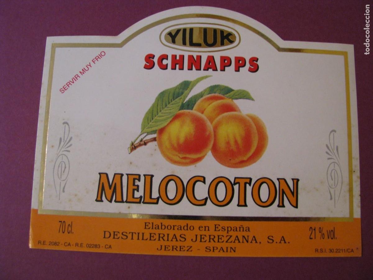 Etichette antiche: ETIQUETA YILUK SCHNAPPS, MELOCOTON. JEREZ. 11,5X9 CM
