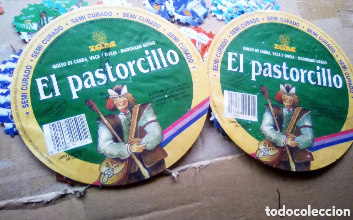 Etichette antiche: 2 Etiquetas de queso El Pastorcillo, de leche de cabra, oveja y vaca. A&ntilde;o 2001-2002. Miden 16 cm.