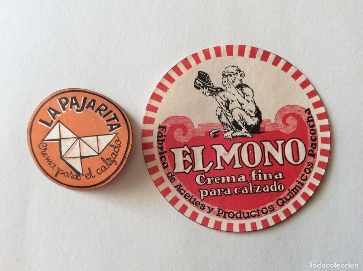 &Eacute;tiquettes anciennes: 2 ANTIGUAS ETIQUETAS CREMA PARA CALZADO ZAPATO EL MONO LA PAJARITA